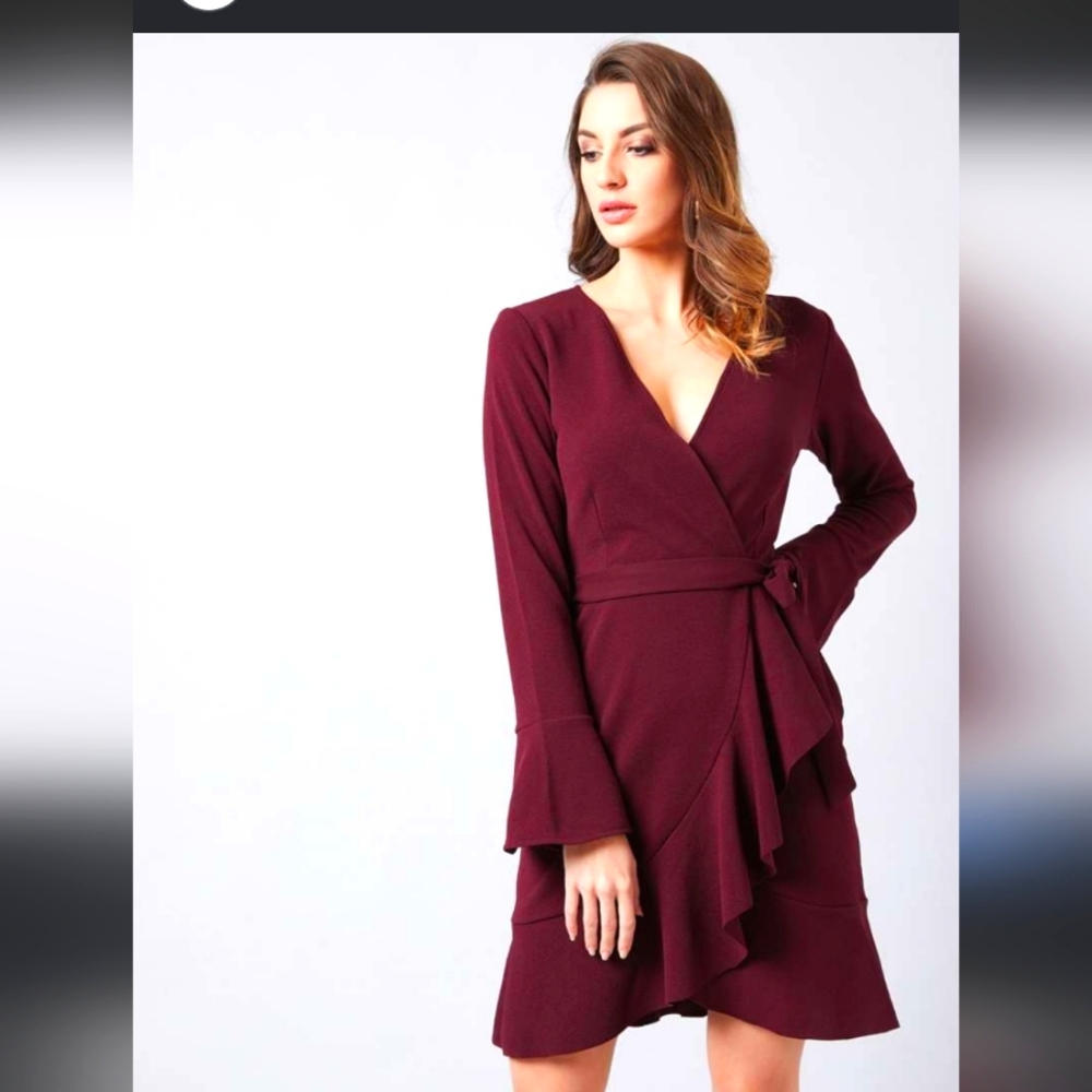 Athena Belted Wrap Dress Fall Burgundy Bell Long Sleeve Low V Neck Womens M